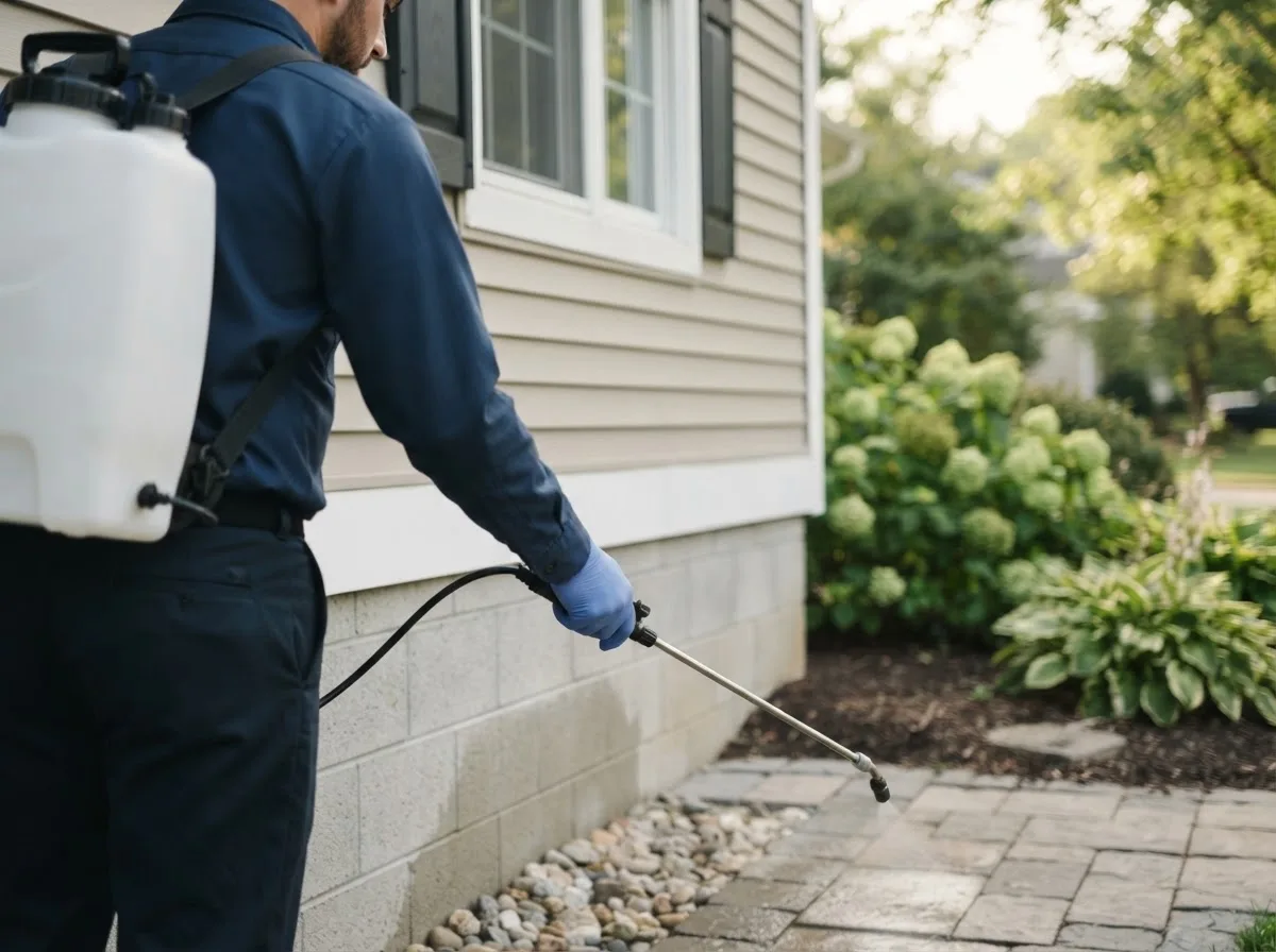 Pest control technician inspecting a home in Beech Grove, AR